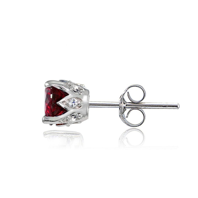 Sterling Silver Created Ruby and White Topaz Crown Stud Earrings