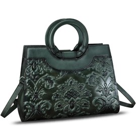 Genuine Leather Purses and Handbags for Women Vintage Embossed Leather Crossbody Shoulder Bag Satchel Top Handle Bags (Black)