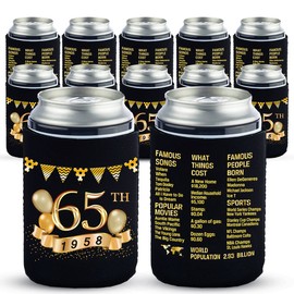 Yangmics 65th Birthday Can Cooler Sleeves Pack of 12-65th Anniversary Decorations- 1958 Sign - 65th Birthday Party Supplies - Black and Gold the sixty-fifth Birthday Cup Coolers