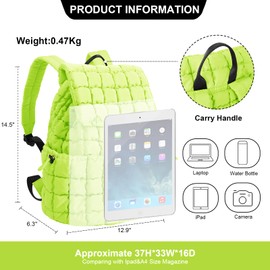 XSUIOY Quilted Backpack Purse for Women Small Lightweight Puffer Puffy College Laptop Backpack Nylon Casual Bookbag Daypack Top Flap Drawstring Padding Hiker Travel Gym Backpack(Green)