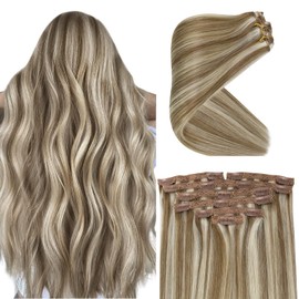 Ve Sunny Clip in Hair Extensions Human Hair Highlights Human Hair Extensions Clip ins Highlight Clip in Hair Extensions Real Human Hair Straight Light Brown Highlights Platinum Blonde 7pcs 120g 24inch
