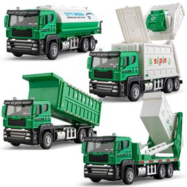 4 Packs Die-cast Mini Garbage Truck Toy, Metal Trash Truck Vehicles Set for Kids, Friction Powered Recycling, Tankers, Alloy Dump Model Toy for Toddlers Boys