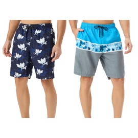 TEX2FIT 2-Pack Men's Swim Shorts with Pockets, Quick Dry Swim Trunks with Mesh Lining (Blue Stripes/Navy Floral, Medium)