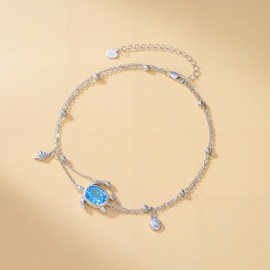 Turtle Anklet for Women 925 Sterling Silver Swiss Blue Topaz Beach Sea Turtle Layered Anklets Hawaii Ocean Jewelry Gifts