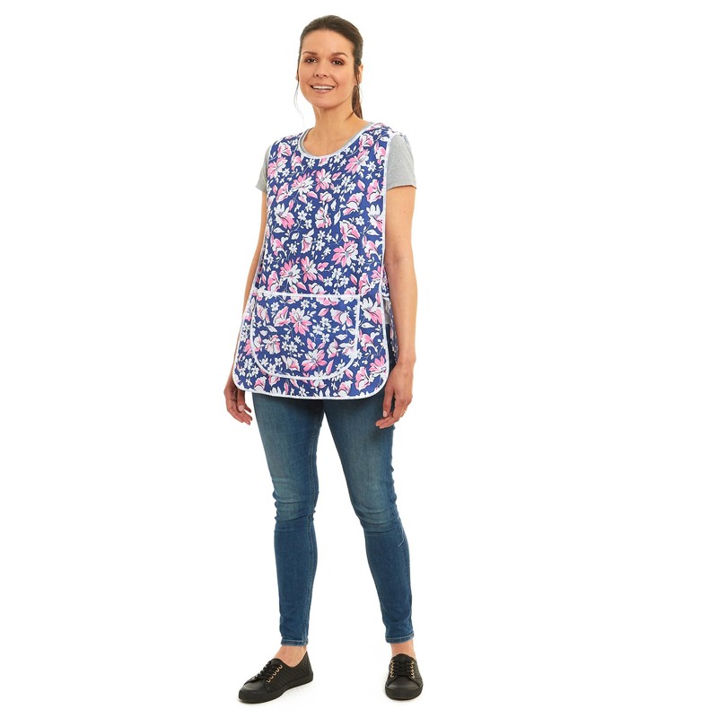 Ladies Floral Design With Piping Tabard Apron Overalls Front Pocket