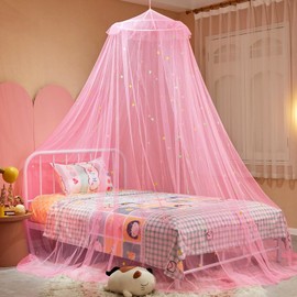 ZIQINPSQ Bed Canopy for Girls with Glowing Stars,Princess Bed Canopy Bed Curtains for Single Double King Size Bed,Bed Netting Room Decor, Ceiling Tent to Cover Toddler (Pink-Star)