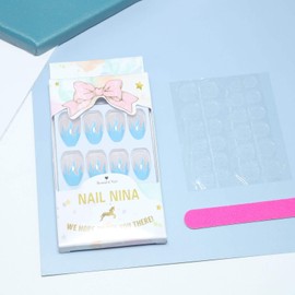 Allereya Long Coffin Print On Nails Flame Gradient Fake Nails Purple Ombre Clip On Nails Full Cover Acrylic Nails Tips False Nails Art for Women and Girls Pack of 24 (Blue)