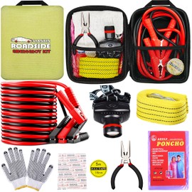 LIANXIN Car Emergency Roadside Tool Kit, Auto Emergency Kits Vehicles, with Jumper Cables kit，Car Safety Roadside Assistance Kit,Headlamp,Tow Straps,Needle Nose Pliers,Rainwear,Gloves.Matcha Green
