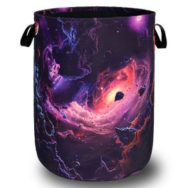 Purple Galaxy Laundry Hamper Universe Starry Sky Laundry Basket With Handles Foldable Oxford Cloth Colorful Tote Bag Clothes Toy Storage Bucket 18.9" x 16.5"For Bathroom/Laundry/Bedroom
