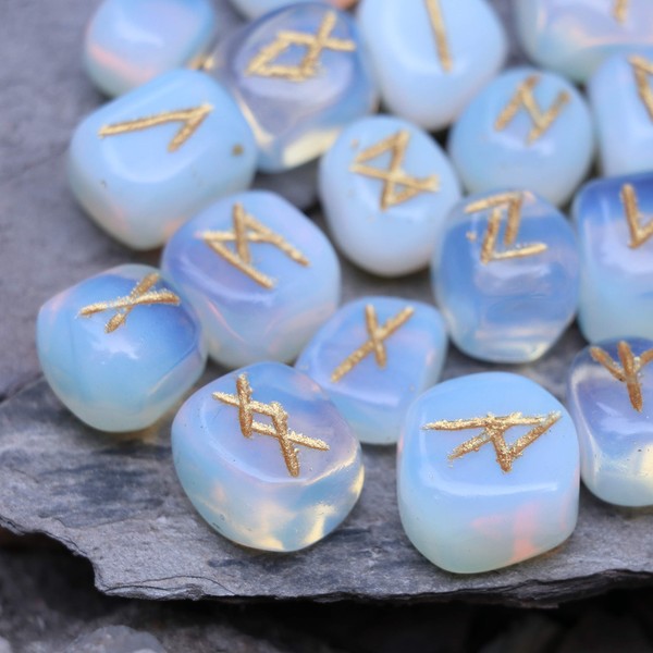 Crocon Opalite Gemstone Engraved Rune Stones Set (25 Pcs) for Beginners with Elder Futhark Alphabets for Healing Chakra Crystals Reiki feng Shui Runes Set Size: 15-20 mm with a Pouch & Rune brochure