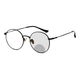 Fashion Round Bifocal Reading Glasses Men Sun Photochromic Lens Metal Frame Transition Presbyopia Female (Black, 0.00/+2.50 Magnification)