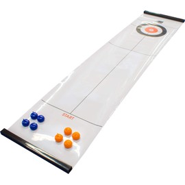Sunflex Table Top Curling Game - Mini Indoor Sport Curling Game for All Ages Kids and Adults - Portable - Includes 4 Yellow and 4 Blue Curling Stones, and 1 Smooth 120cm x 28cm Table Top Mat