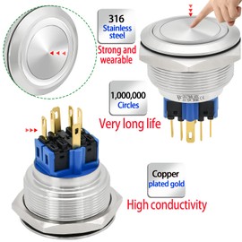 30mm Latching Push Button Switch Big Button White DPDT/SPDT Waterproof IP67 with 24V LED Metal Stainless Steel Start Switch 1.18" Mounting Hole with Socket