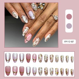 Fall Press on Nails Short Almond Fake Nails with 3D Cat Eyes Designs Pink Nails Press Ons Artificial Acrylic Glue on Nails Medium Length Stick on Nails for Women Supplies 24Pcs