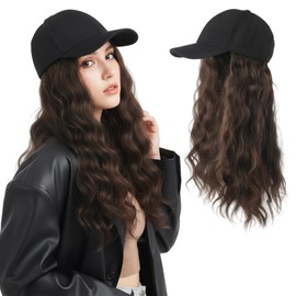 Black Baseball Cap with Long Wavy Brown Hair Extensions for Women, Adjustable Sun Hat with Attached Synthetic Curly Wave Wig, Natural Wig Hat for Daily Wear, Street Style, Travel