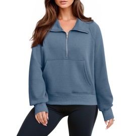 Glamaker Womens Sweatshirts Half Zip Pullover Fleece Cropped Comfort Fall Loose Outfits Fashion Long Sleeve Thumb Hole (Blue Grey,Large)