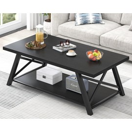 EXCEFUR Black Coffee Table, Modern Wood and Metal Center Table with Storage Shelf, Industrial Rectangle Cocktail Tea Table for Living Room, 47 Inch