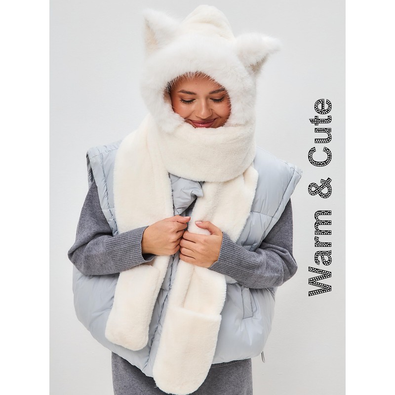 LATTEMARMALATTE Cute Cat Ears Winter Hat, 3 in 1 Plush