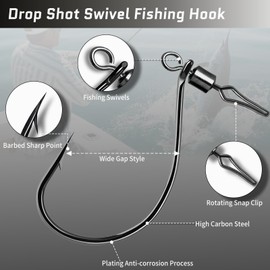 FishTrip 30pcs Swivel Drop Shot Hooks Fishing Rig, Dropshot Hook Rigging for Bass Fishing with Swivel Saltwater Freshwater Sizes 4, 3, 2, 1, 1/0, 2/0, 3/0