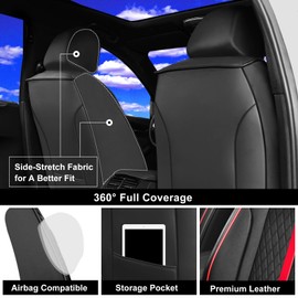FiveFox Fit Frontier Car Seat Covers (Front Pair) for Select Nissan Frontier 2009-2024 2025 Crew Cab - Full Coverage Leather, Waterproof & All Weather Seat Cushion Protector, Black with Red Trim