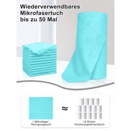 Microfibre Cleaning Cloths, Pack of 50 per Roll, Tear-Off Cleaning Cloths, Reusable Microfibre Cloths, Lint-Free Microfibre Cleaning Cloth for Kitchen, Bathroom, Car (30 x 30 cm, Teal)