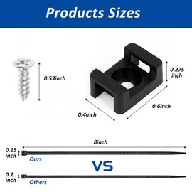 Cable Zip Tie Mounts Kit - 60 Set Wire Cable Clips Organizer Holders with 8" Cable Ties, Saddle Type Mounts Base and Tapping Screw, Black