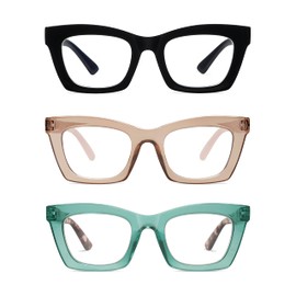 AMOMOMA 3 Pack Trendy Oversized Blue Light Stylish Readers for Women,Retro Square Cute Sturdy Computer Womens Reading Glasses AM6042 Black+Brown+Green 1.75