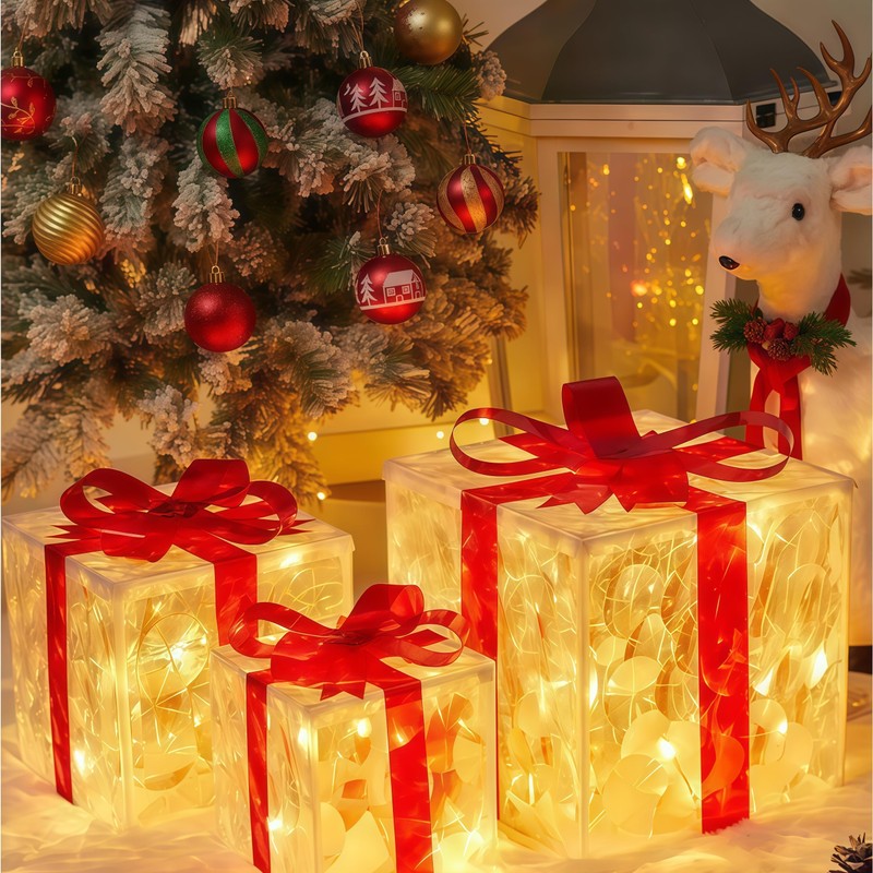Set of 3 LED Lighted Boxes with Red Bows, Warm