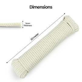 FLATRO Natural Cotton Clothes Line for Outside – Strong Braided Washing Line Cotton Rope |30m/99ft x 5mm Thick Tear Resistant Clotheslines for Outdoor |130kgs Pulling Force Rope (30 Meter)
