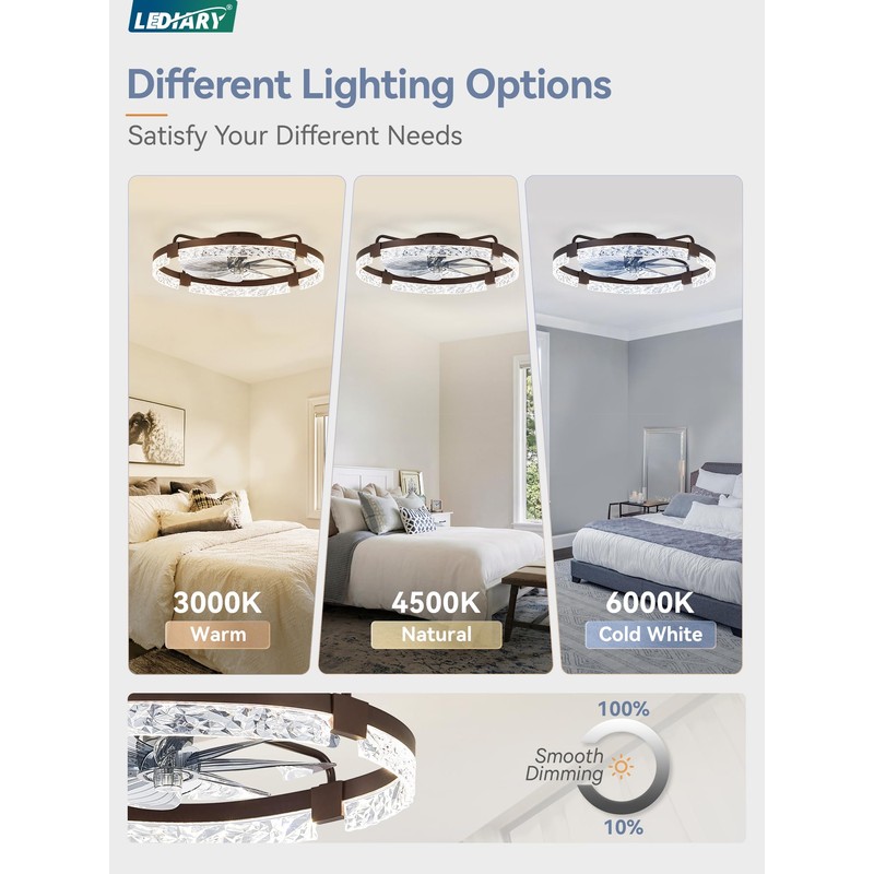 LEDIARY 24 Inch Low Profile Ceiling Fans with Lights and