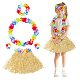 Fortuning's JDS Girl's Hawaiian Hula Grass Skirt with Flowers Costume Set Raffia Skirt for Luau Tropical Beach Party