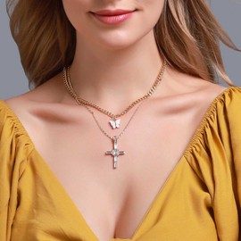 Aneneiceera Boho Layered Crystal Cross Necklace Butterfly Choker Chain Gold Vintage Rhinestone Cross Pendant Necklace Tiny Butterfly Necklace Charm Jewellery for Women and Girls