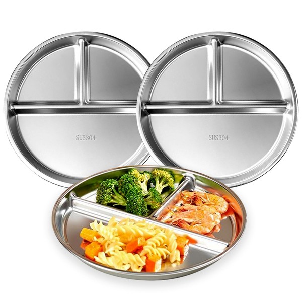 Stainless Steel Kids Plates (3 Packs), 9" Portion Control Divided