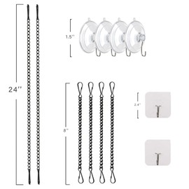 BOXCASA Suction Cup Hooks Pack,Hanging Chain with Adhesive Hooks and Suction Cup Hook for Stained Glass Window Hangings,Suncatchers,Kitchen,Windows, Tiles,4 Pieces 8 Inch and 2 Pieces 24 Inch Pack