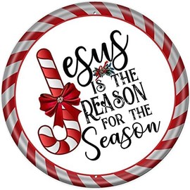 Round Metal Tin Sign Rustic Wall Decor Christmas Signs Jesus is The Reason for The Season Wreath Sign,Suitable for Home Garden Kitchen Bar Cafe Restaurant Garage Retro Vintage 12x12 Inch