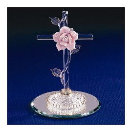 Cross with Pink Rose Glass Figurine - Perfect Religious Gift