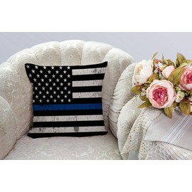 SSOIU Farmhouse Decorative Throw Pillow Cover American Flag Police Blue Line On Grunge Dirty Background Decoration Home Decor Cotton Linen Cushion Case for Sofa Couch, 18" x 18"