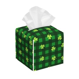 Tissue Box Cover Leather Tissue Box Holder Cube Tissue Case Cover Facial Paper Organizer Dispenser for Bathroom, Vanity Countertop, Office Desk (Four Leaf Clovers on Buffalo Plaid Checkered)