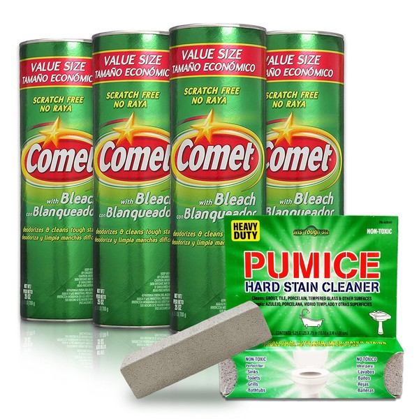Comet Cleaner with Bleach Powder 21-Ounces | Scratch-Free | 4 Pack with Pumice Stick (84 Oz Total) comet bathroom cleaner 5 Piece Set