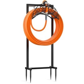 Helhom Garden Hose Holder Storage Outside - Hose Holder Stand with 4 Spikes, Heavy Duty Rust-Resistant Metal Water Hose Holder for Outside, Black