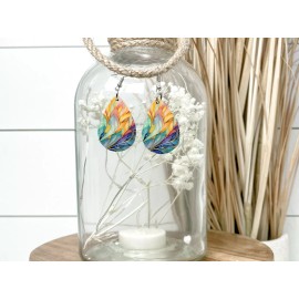 Twisted R Design Rainbow Palm Leaves Print Wood Dangle Teardrop Print Earrings Jewelry