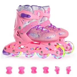 SEEDARY Patines en Línea Ajustables con Equipo de Protección Patines 4 Ruedas para Niños, Patines Iluminosas Talla 16-23CM Transpirable y Comfortable, Ideal para Exteriores e Interiores Regalo Navidad