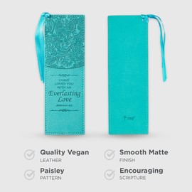 Christian Art Gifts Premium Vegan Leather Scripture Bookmark for Men & Women: Everlasting Love - Jeremiah 31:3 Inspirational Bible Verse, Heat-Debossed, Faith-Based Reading Accessory w/Tassel, Teal