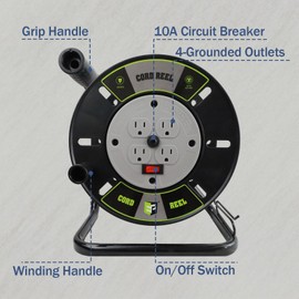 EP Extension Cord Storage Reel with 4-Grounded Outlets, Heavy Duty Open Cord Reel for 12/3 14/3 16/3 Power Cords, Portable Empty Hand Crank Electric Cord Roller Holder, GY