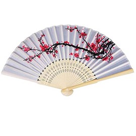 Yukiyi Hand Fan for Women Foldable Bamboo Fan with Tassel Silk Fabric Wall Decoration Wedding Party (White Flower)