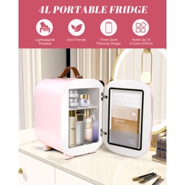 FANSEXPERT Mini Fridge for Bedroom, 4 Liter/6 Can Skincare Fridge With LED Mirror,12v AC/DC Cooler & Warmer Portable Small Refrigerator for Drinks, Makeup, Dorm, Office and Car(Pink)