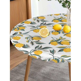Fitted Tablecloth for Round Table, Summer Lemon Leaves Watercolor Table Cover with Elastic Edge Waterproof Table Cloth, Farm Harvest Foliage Seamless Circle Table Covers for Kitchen Outdoor Picnic