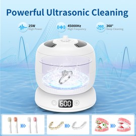 2025 Upgraded Ultrasonic Retainer Cleaner Machine,Separate Retainer Cleaner for Night Guards, Braces, Aligner, Toothbrush, Jewelry, 4 Modes Denture Cleaner & Removable Base and Top Cover(White)