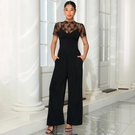 JBT Women’s Two Piece Set – Lace Tops & Sleeveless Wide-Leg Pants, Elegant Black Jumpsuit for Women(Lace top&Jumpsuit,Black,XL)