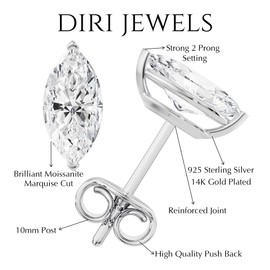 3CT Marquise Moissanite Stud Earrings, D Color VVS1 Clarity Moissanite 14K White Gold Plated Sterling Silver Imitation Diamond Push Back Earrings for Women